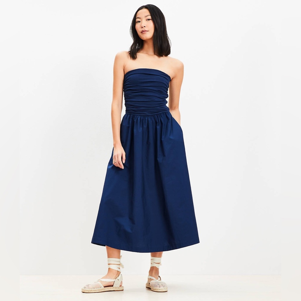 NWOT LOFT Strapless Poplin Mixed Media Pocket Dress Size Large Blue